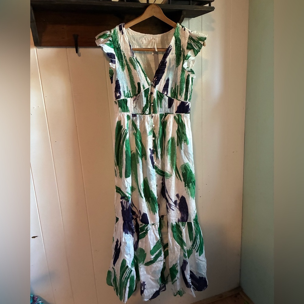 Anthropologie White Midi Dress with Green and Navy Brushstroke Print
